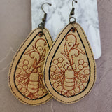 Leather Earings with Bees Embroidered on them